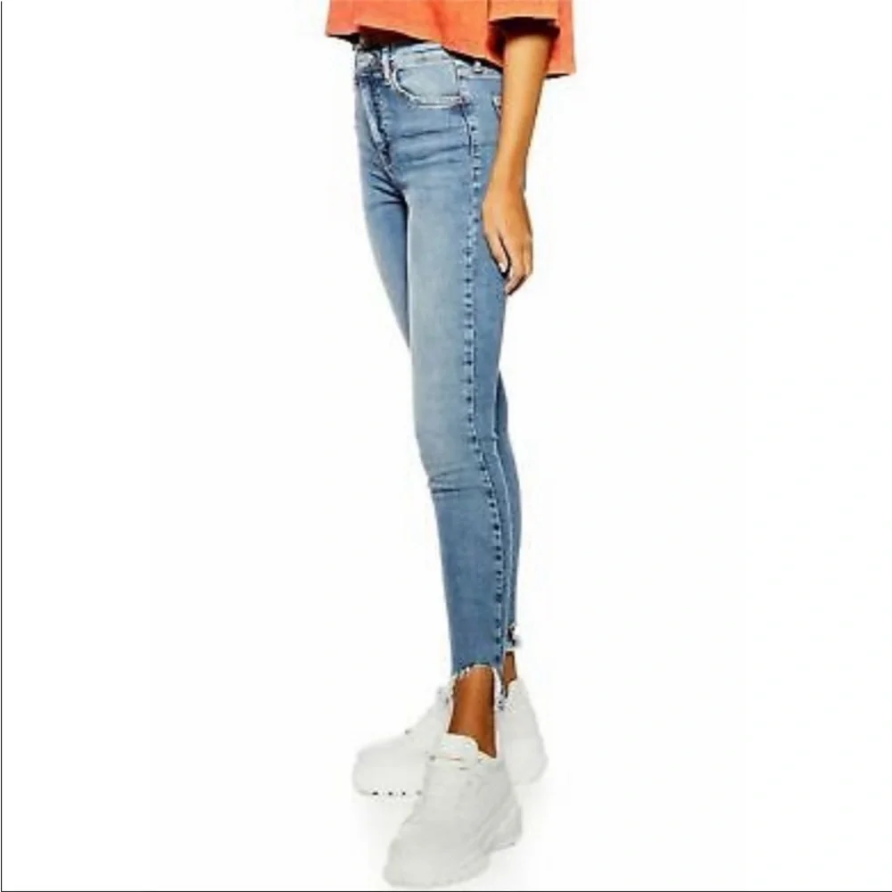 TopShop Jamie Blue High Waist Jagged Hem Skinny Jeans Sz28 Waist28” Inseam26.5” - Picture 3 of 16